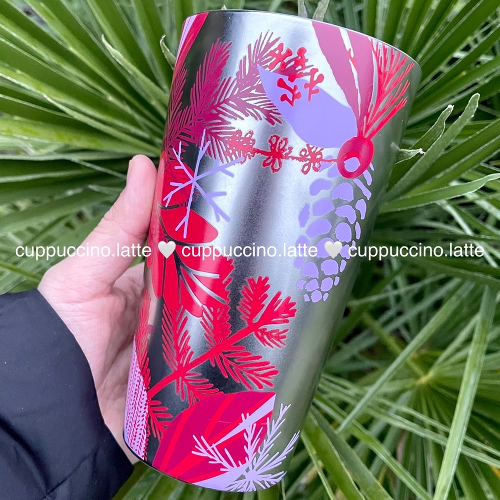 🌲LAST ONE💜Starbucks 2021 Holiday Silver Lilac Pinecone & Red Leaves Travel Mug